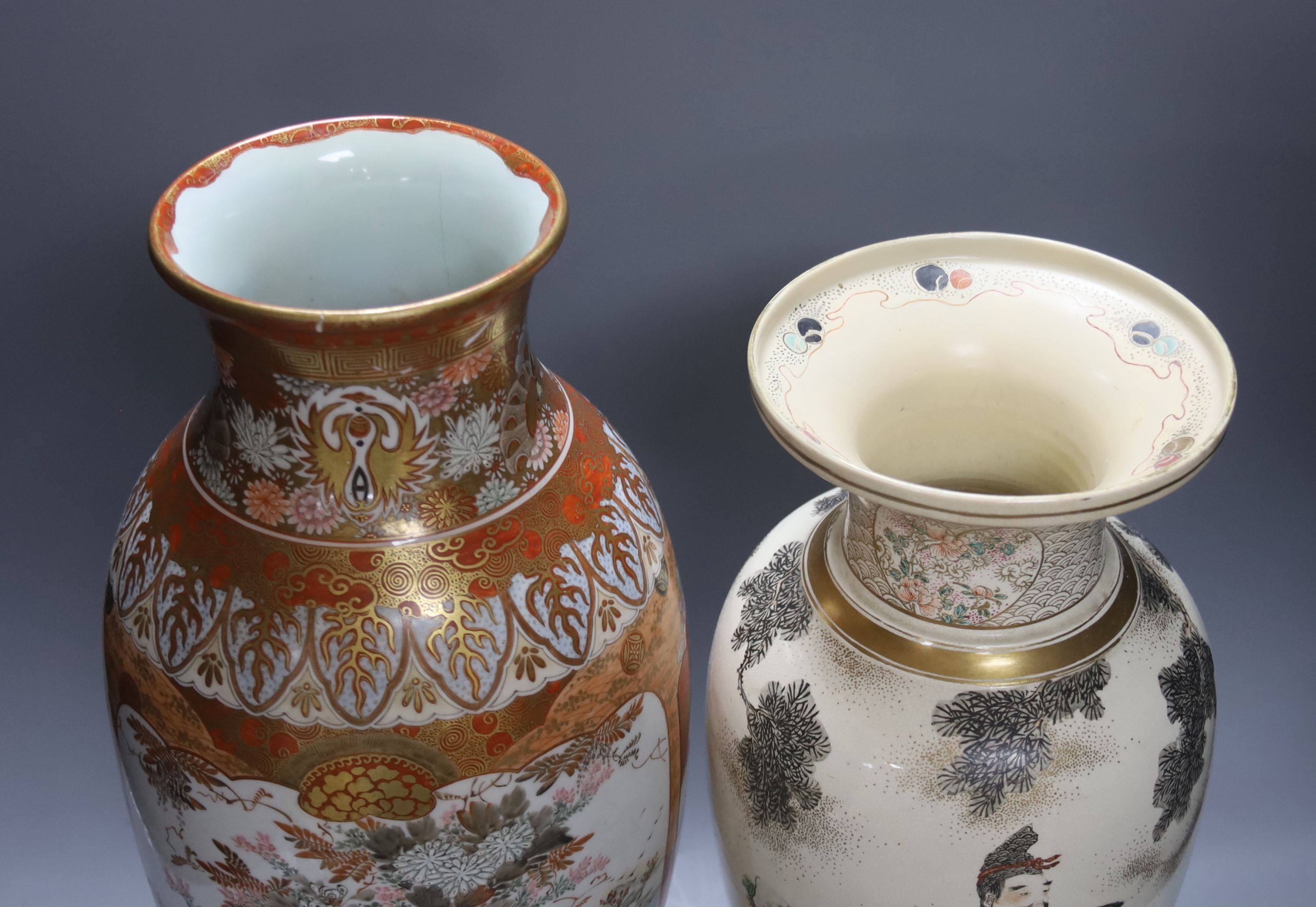 A large Japanese Kutani porcelain vase and a large Japanese Satsuma pottery vase, impressed Kozan mark, both restored 46cm